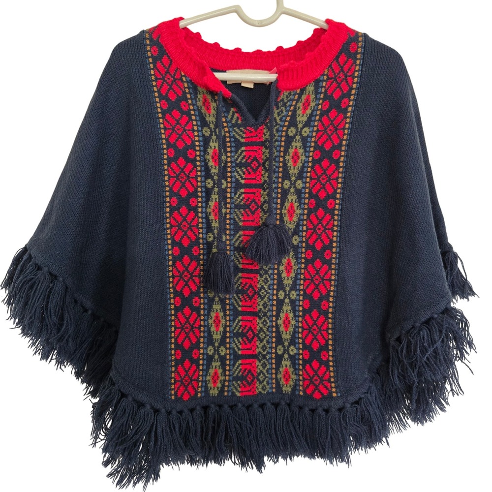 Pink Chicken Girls NavyBlue Knit Fringe Poncho Sweater Size 4/5Y Bohemian Tassel